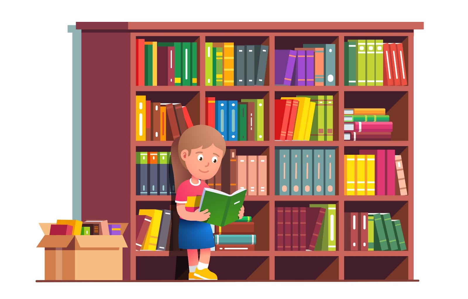 Kitaplarla dolu büyük kitaplığa yaslanmış kitap okuyan çocuk. Üstün yetenekli çocuklar, konsept, illüstrasyon