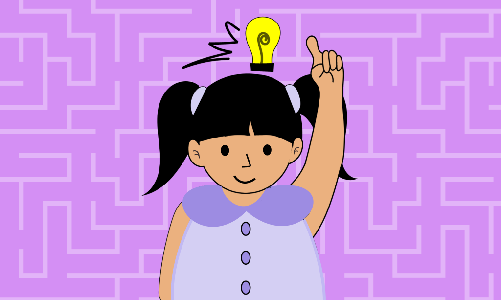 Kafasının üzerinde bir fikir işareti olan genç bir kız, kavram problemi çözme
