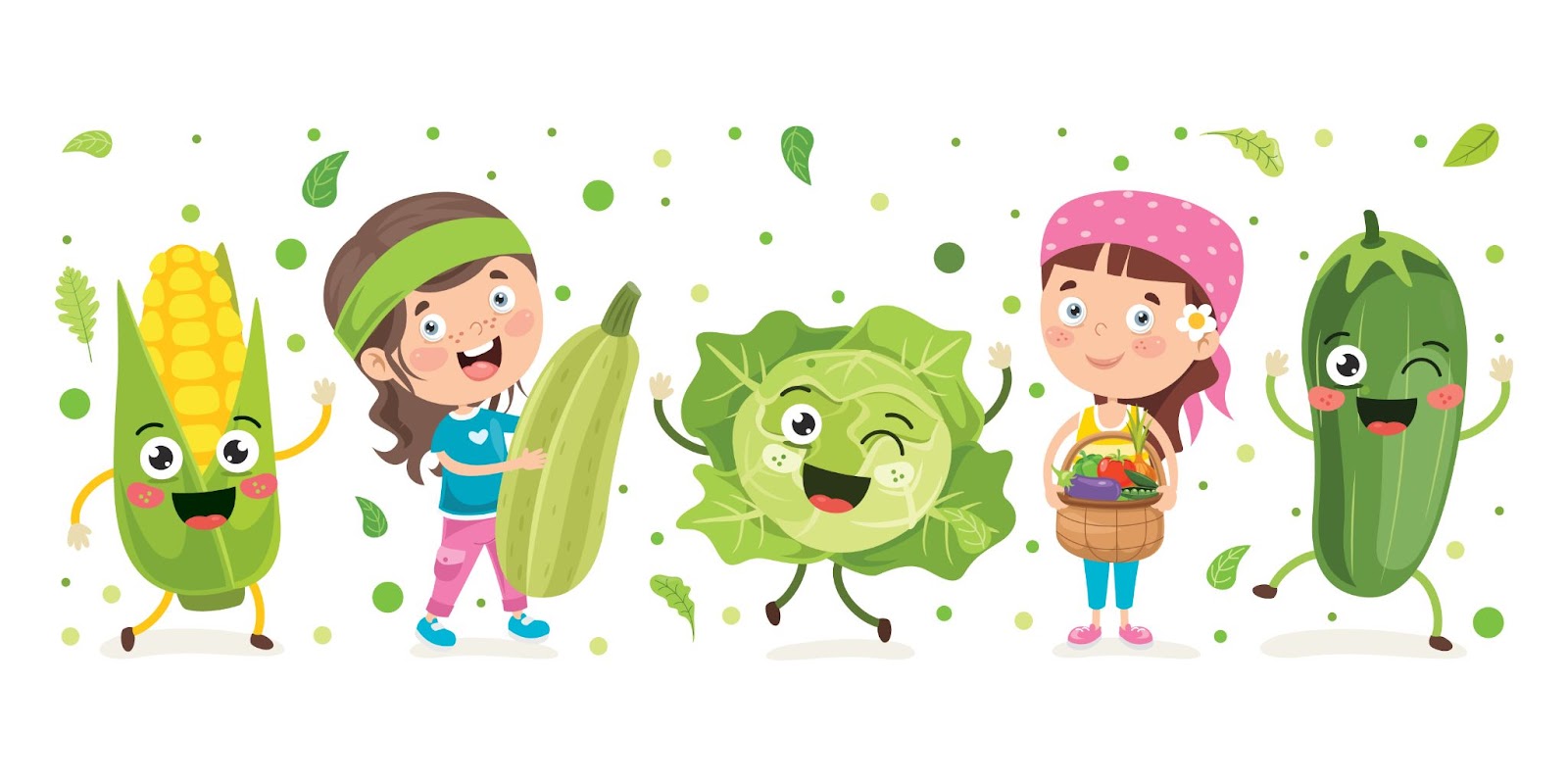 farklı yeşil sebzelerle dans eden çocuklar, komik illüstrasyon