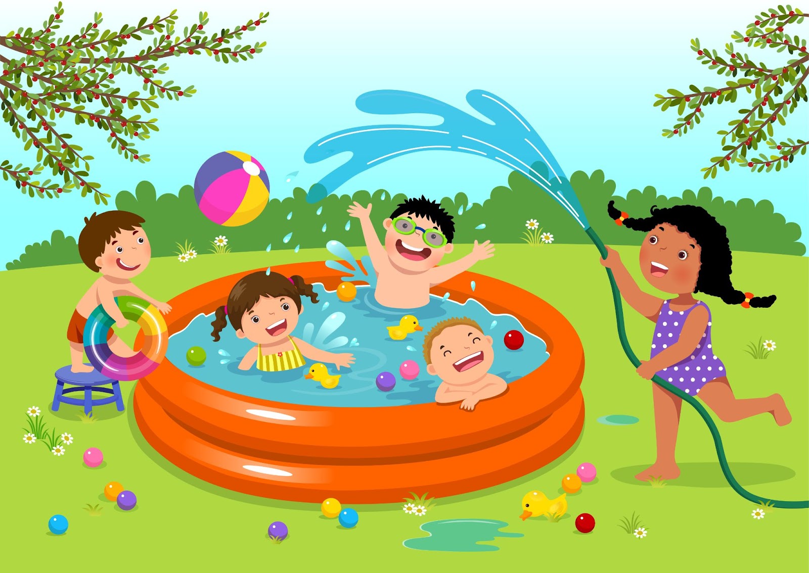 Neşeli çocuklar arka bahçesinde şişme havuzda oynarken