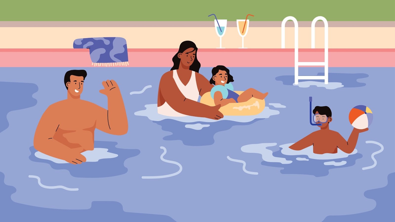 Açık havuzda birlikte yüzen aile, vektör illüstrasyon.