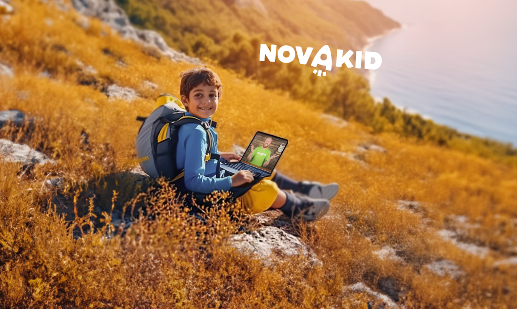 Genç bir öğrenci Novakid çocuk okulunda çevrimiçi ders alıyor, resim