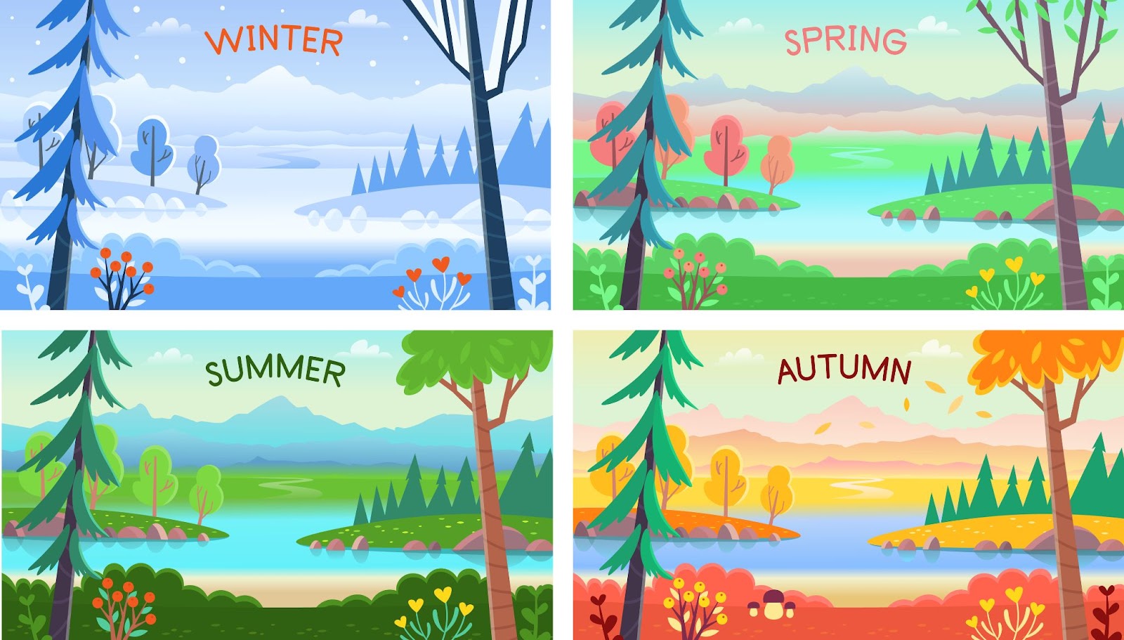Dört mevsim manzara. Kış, ilkbahar, yaz, sonbahar.