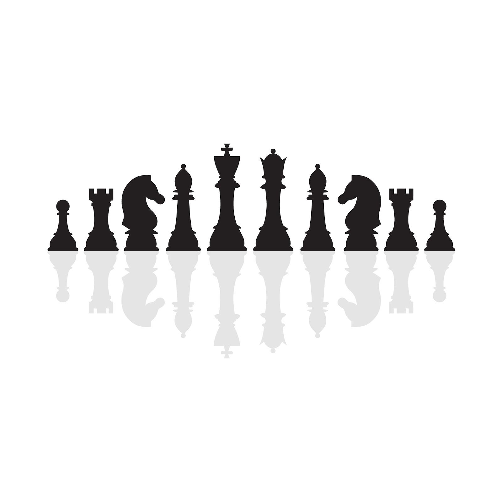 Yansımalı satranç taşları silüetleri. Satranç simgeleri. Beyaz zemin üzerine izole edilmiş vektör satranç.