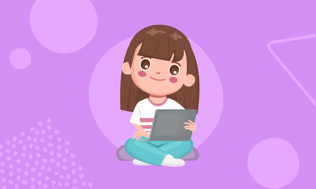 Mutlu bir genç kız çevrimiçi, bilgisayar, bir çocuk için dizüstü bilgisayarın nasıl seçileceği konsepti üzerine çalışıyor.