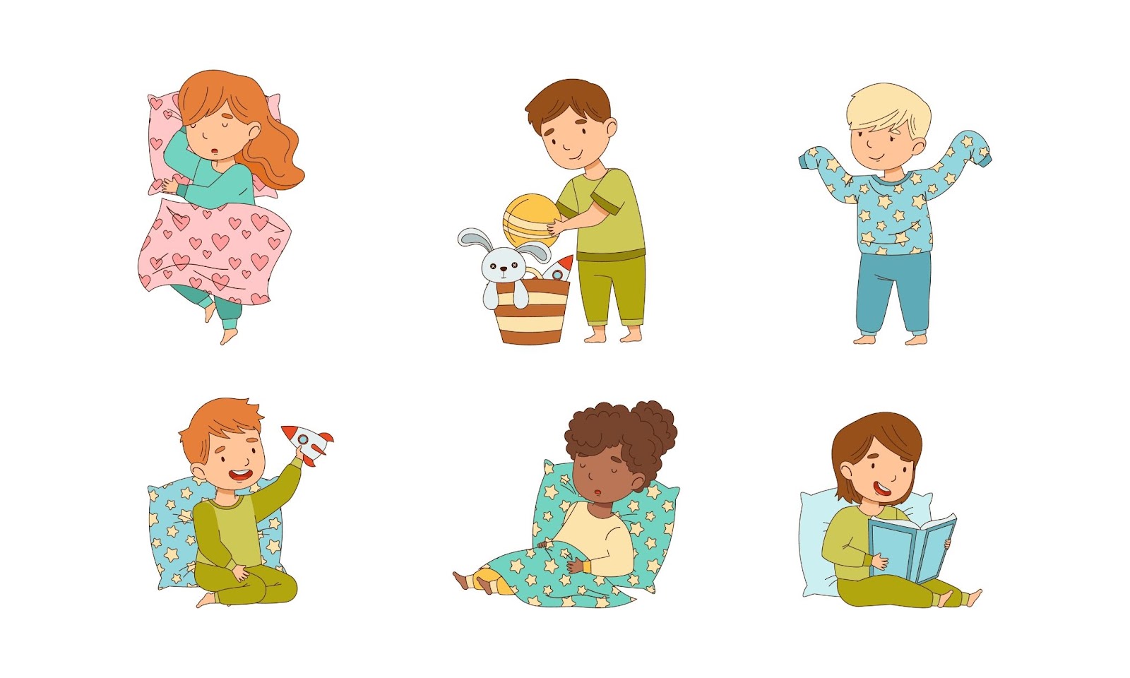 Pijamalı çocuklar, uyumaya hazırlanıyor, illüstrasyonlar