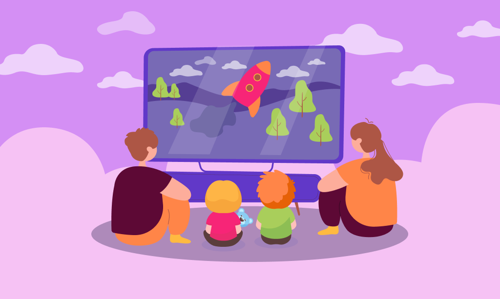 Televizyon karşısında film izleyen çocuklar, renkli illüstrasyon