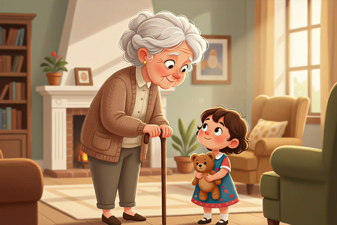 Birbirine bakan yaşlı bir teyze ve bir çocuk.