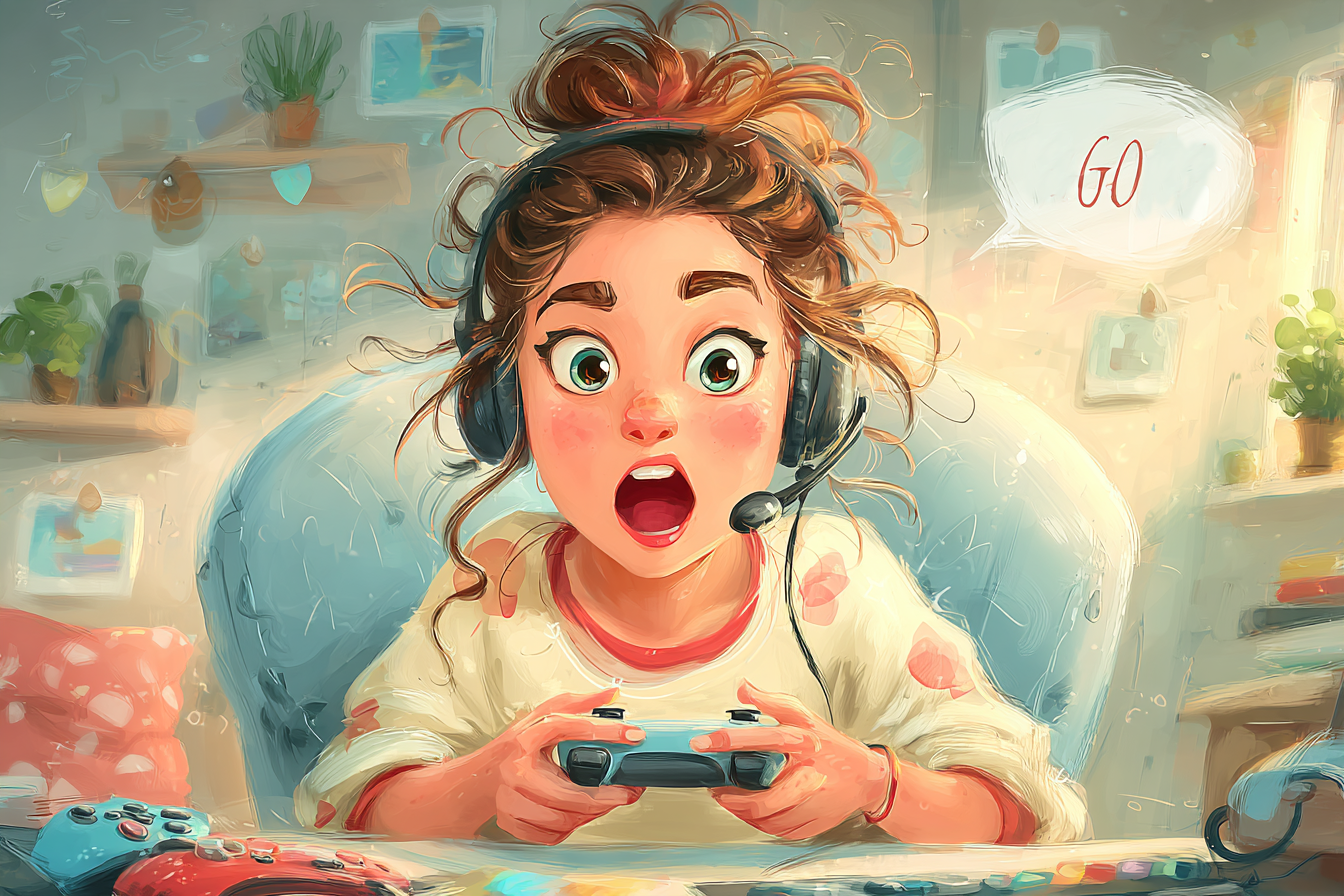 Bilgisayarın karşısında oyun oynayan bir kız.