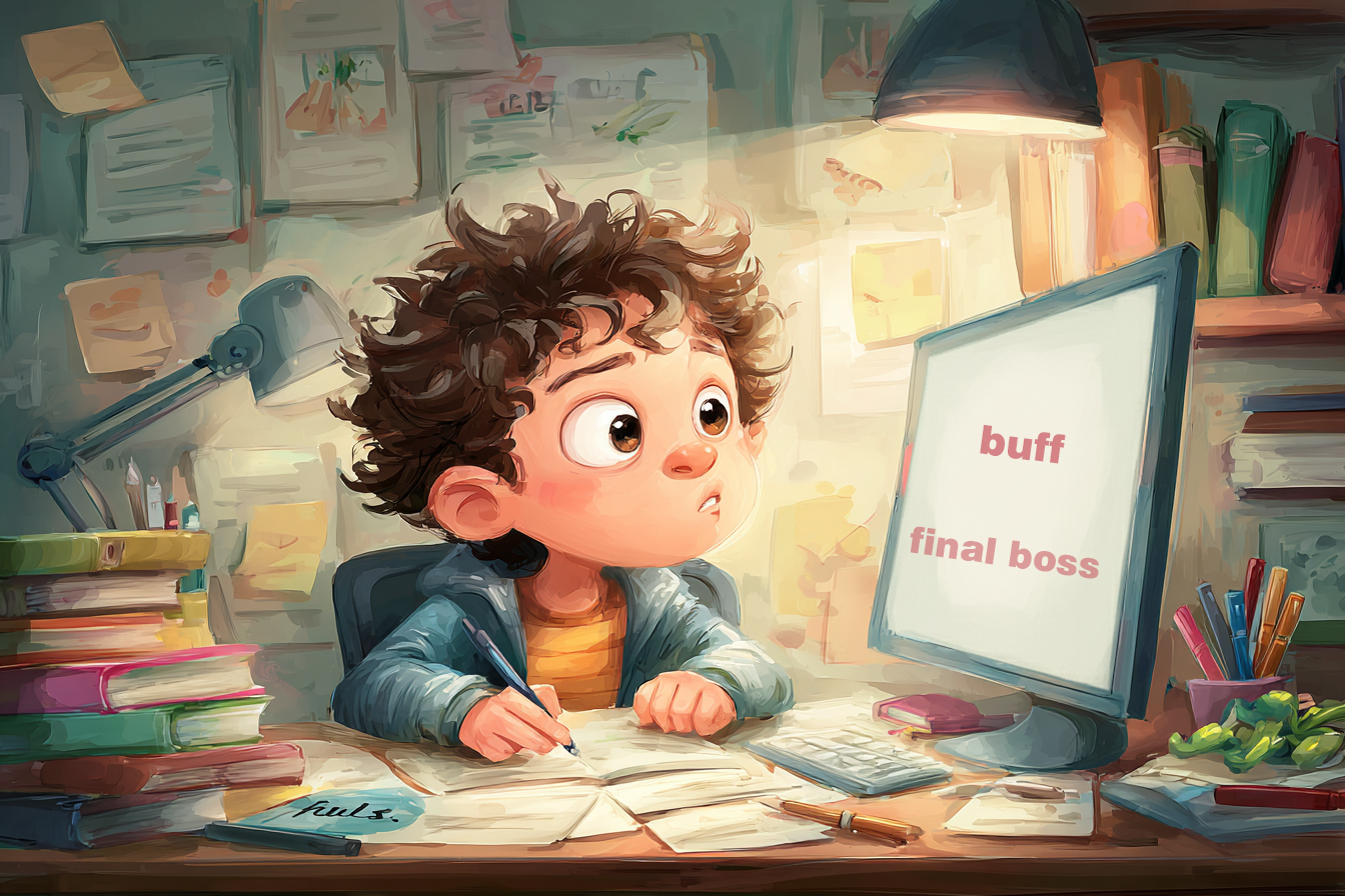 A boy studying vocabulary from a computer.