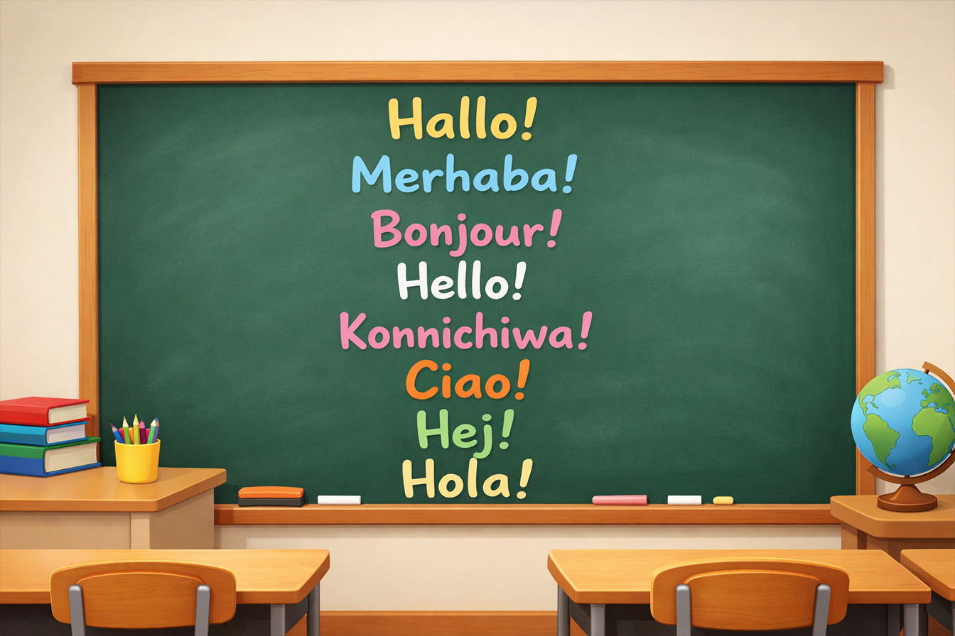 Farklı dillerde “Merhaba!” sözünü karşılayan kelimelerin yazıldığı bir tahta.