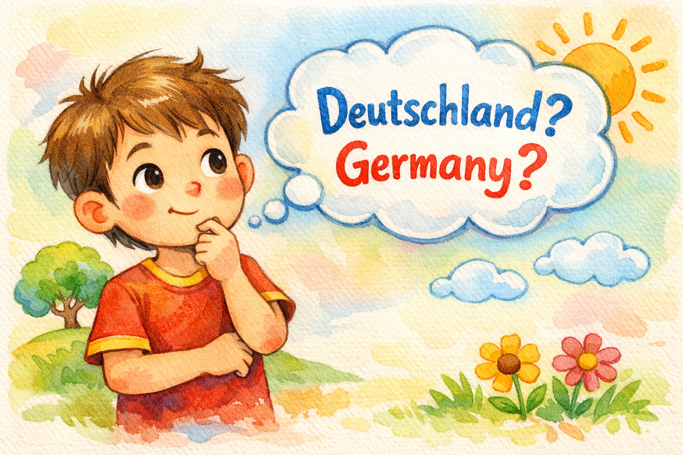 Almanya’nın farklı dillerde farklı isimlere sahip olmasını düşünen bir çocuk.