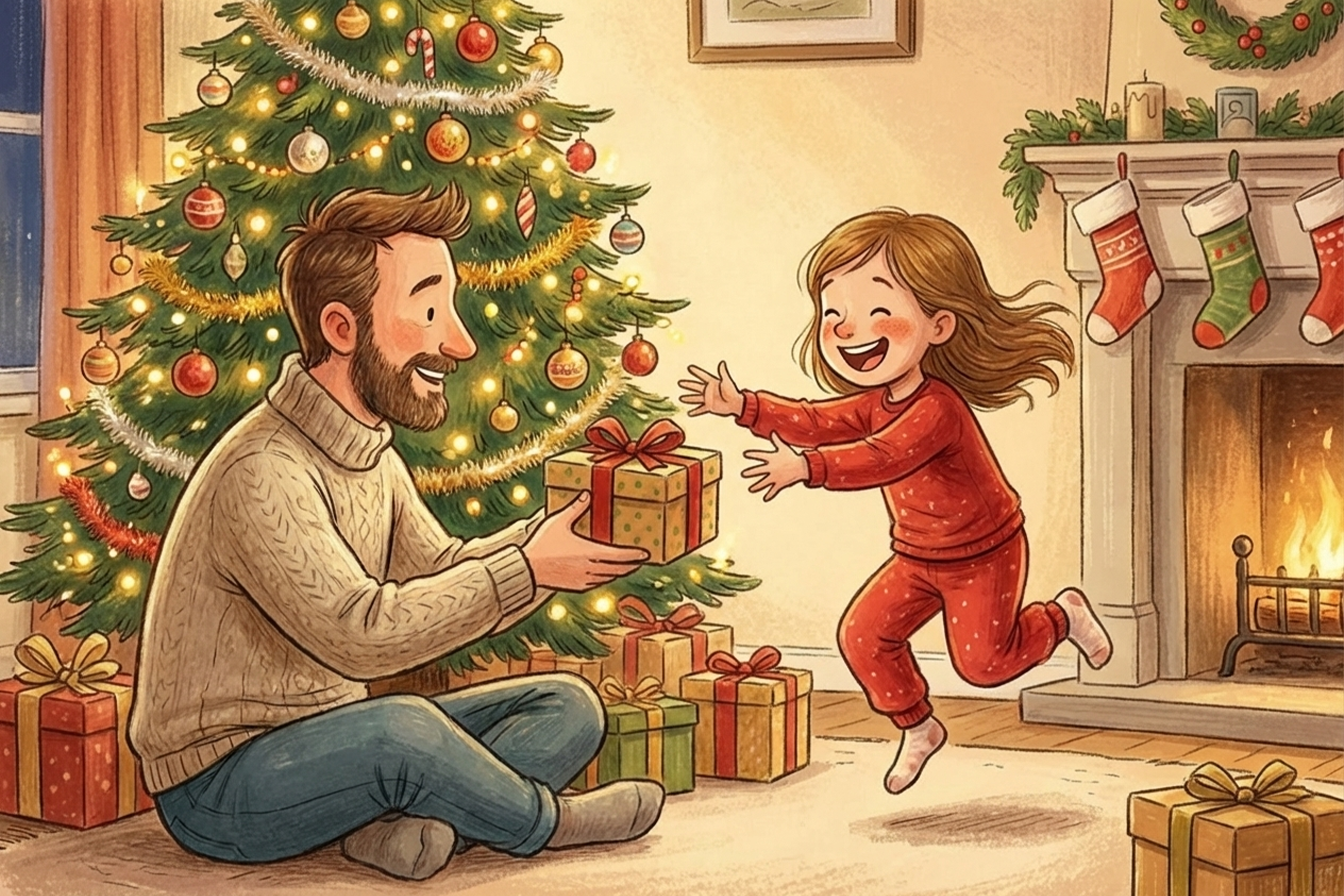 Yılbaşında kızına hediye veren bir baba ve hediyeye sevinen kızı.