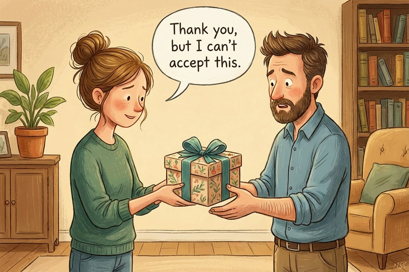 Ona verilen hediyeyi “Teşekkür ederim ama bunu kabul edemem,” diyerek reddeden bir kız.
