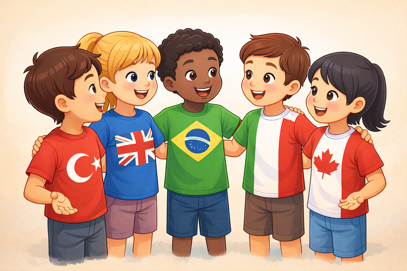 Farklı ülkelerden gelen ve sohbet eden çocuklar.
